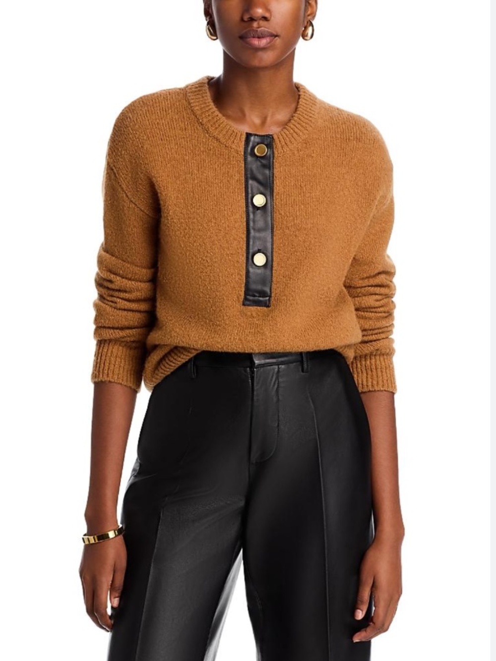 Frame Leather Trim Half Button Alpaca Blend Sweater S
